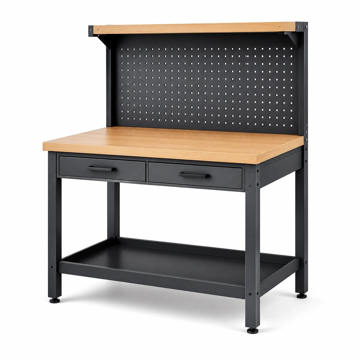 Banco da lavoro da officina 120 × 60 × 150 cm in acciaio nero e legno naturale con pannello portautensili, 2 cassetti e 2 ripiani