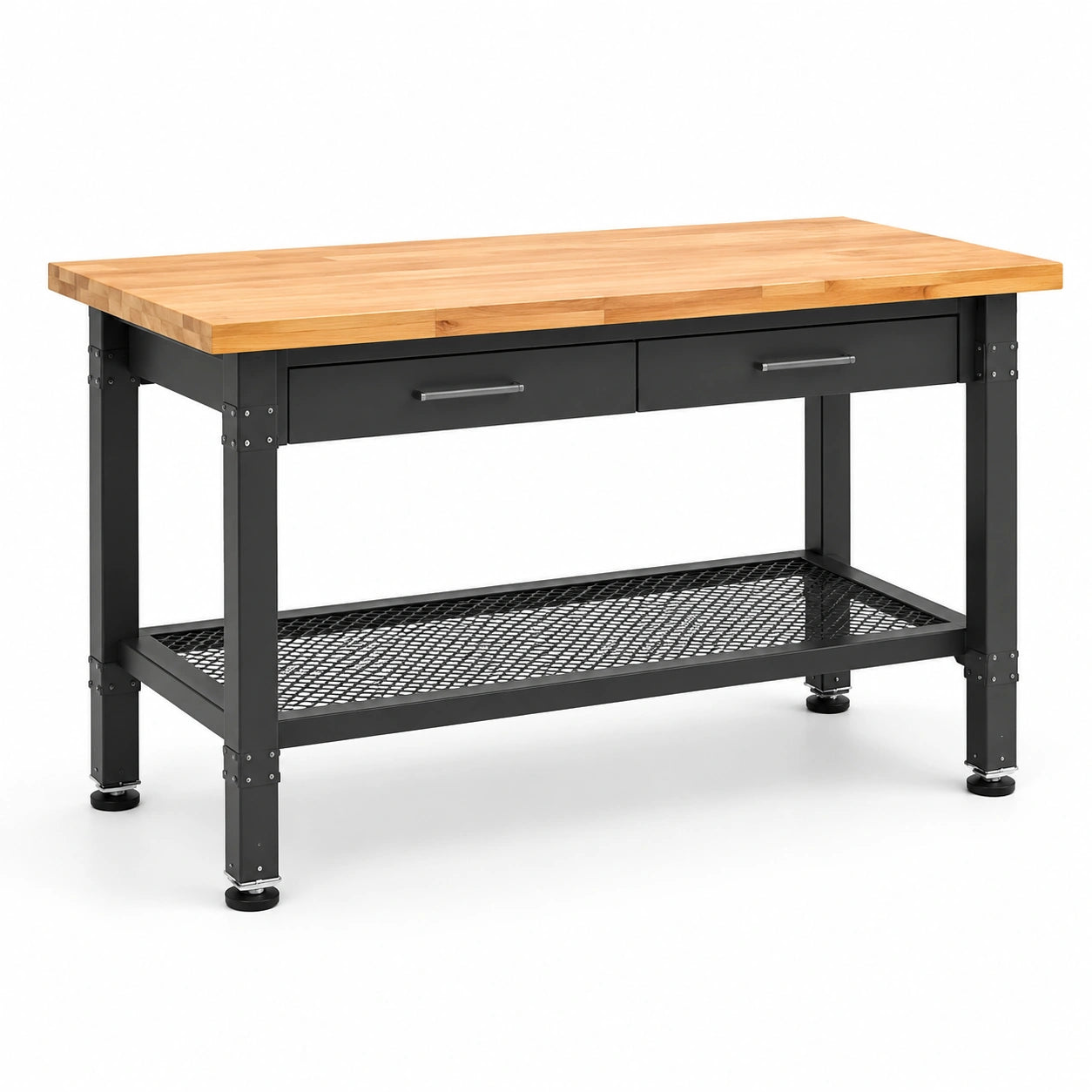 Banco da lavoro in legno naturale e metallo nero 120 × 60 × 90 cm con 2 cassetti e ripiano
