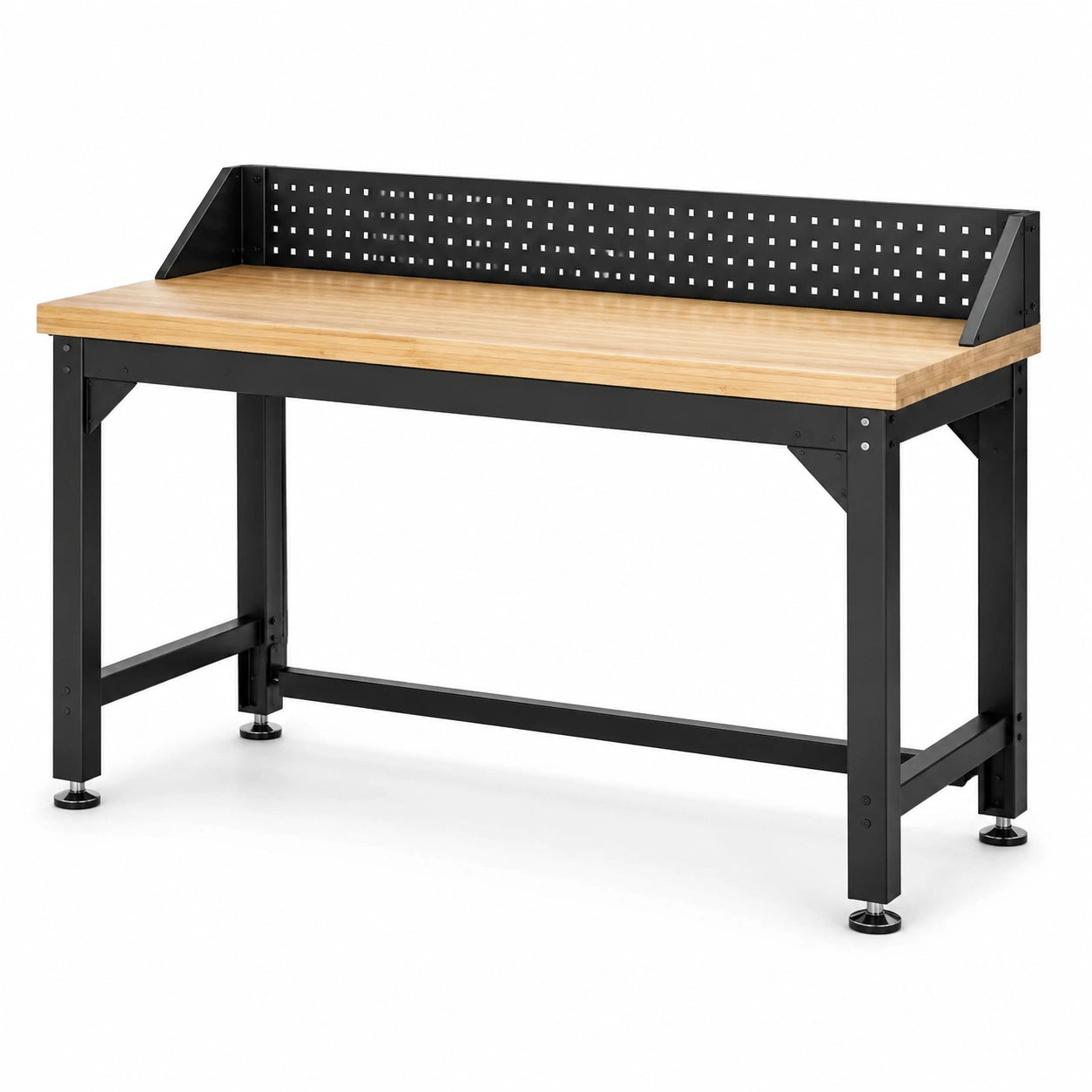Banco da lavoro in bambù e acciaio nero con pannello portautensili, 120 × 60 × 140 cm