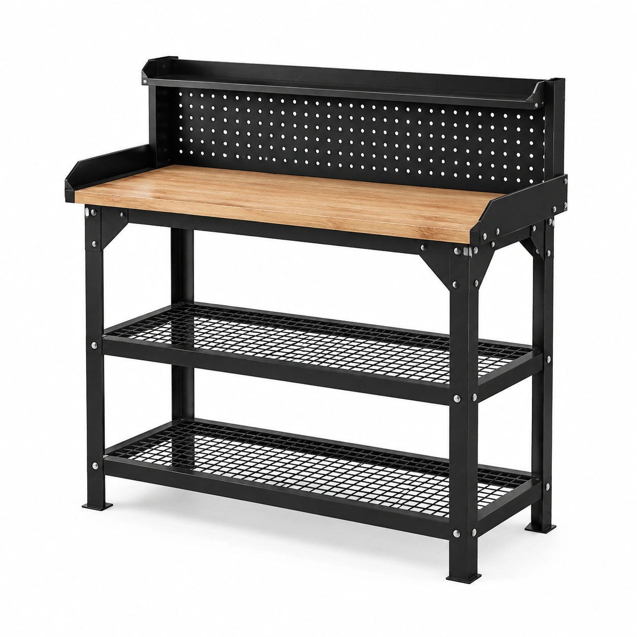 Banco da lavoro nero e legno naturale 120 x 60 x 150 cm con pannello portautensili e 3 ripiani
