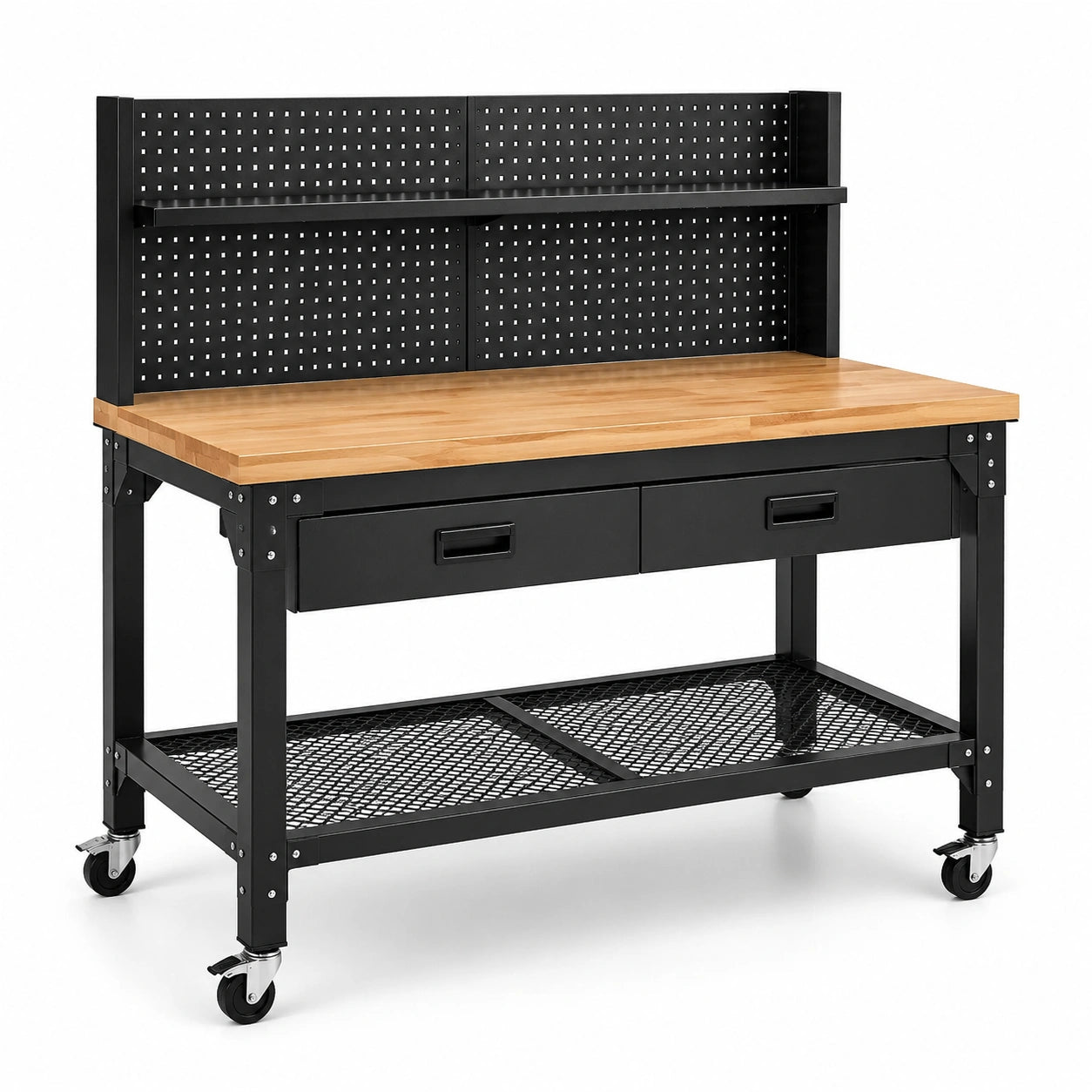 Banco da lavoro mobile 120 × 60 × 150 cm in acciaio nero e legno naturale con pannello portautensili, 2 cassetti, 2 ripiani e ruote