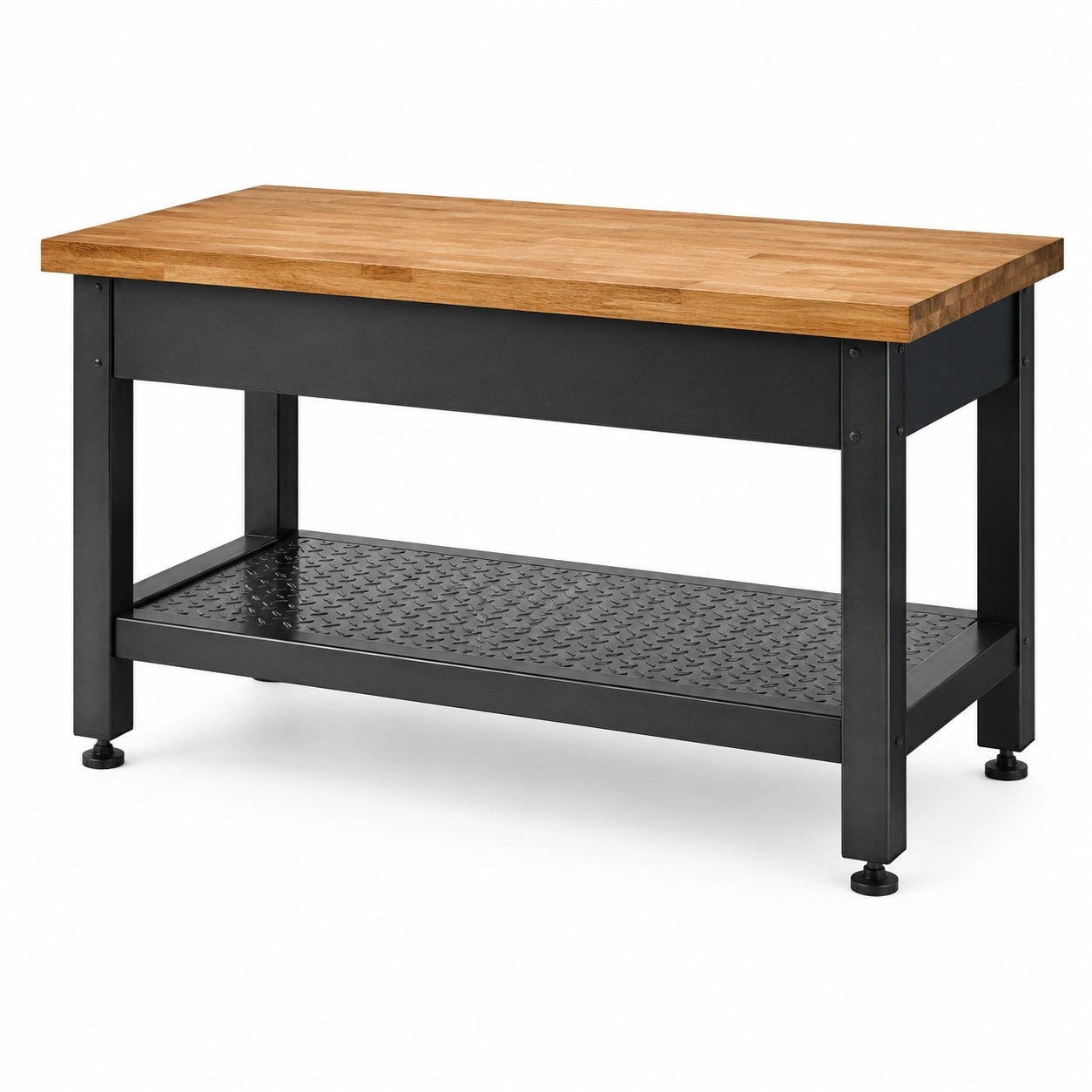Struttura industriale in legno e acciaio con ripiano inferiore, 120 × 60 × 90 cm, marrone e nero