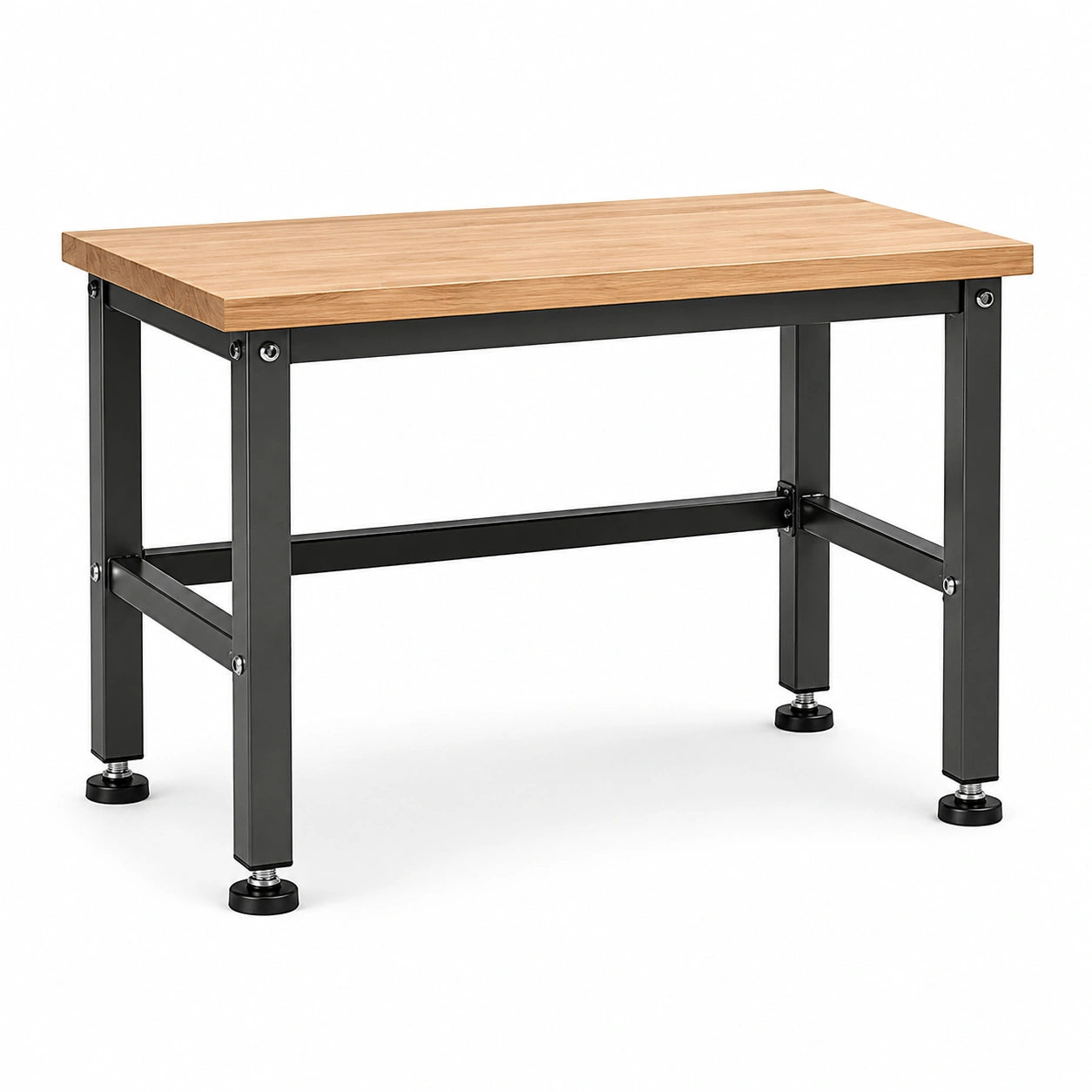 Banco da lavoro industriale 100 × 60 × 90 cm con piano effetto rovere, struttura nera e piedini regolabili
