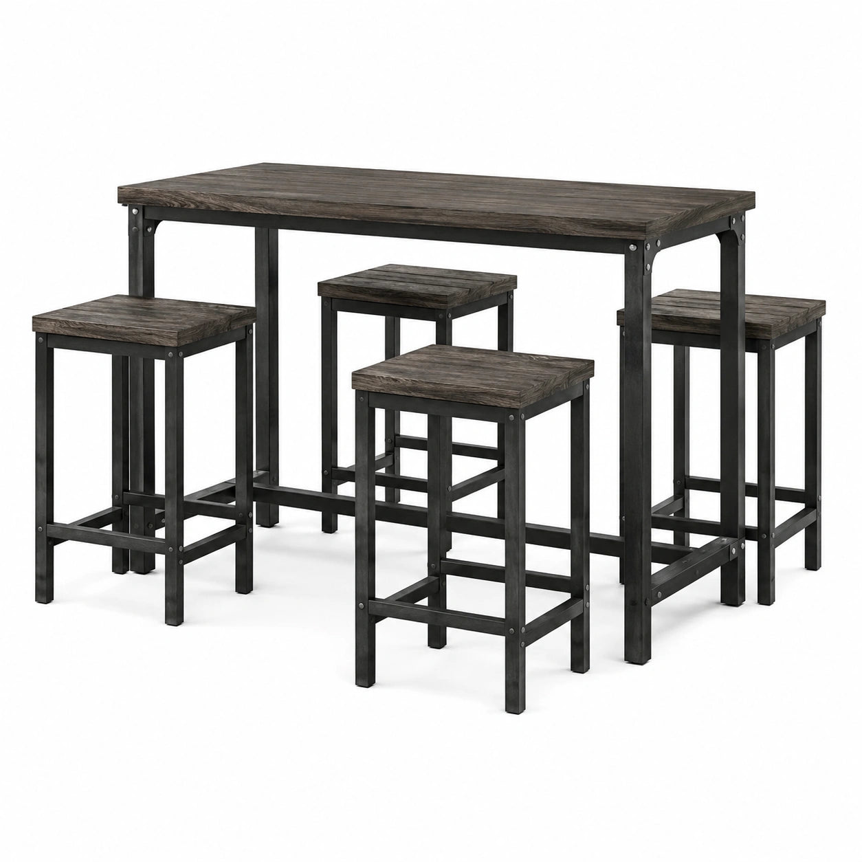 Set da bar 5 pezzi con tavolo da 120 × 60 × 90 cm e 4 sgabelli da 30 × 30 × 65 cm, marrone scuro e nero