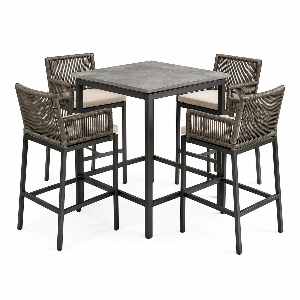 Set da giardino moderno da 5 pezzi con tavolo alto 90 × 90 × 95 cm e 4 sedie in metallo e rattan sintetico grigio tortora
