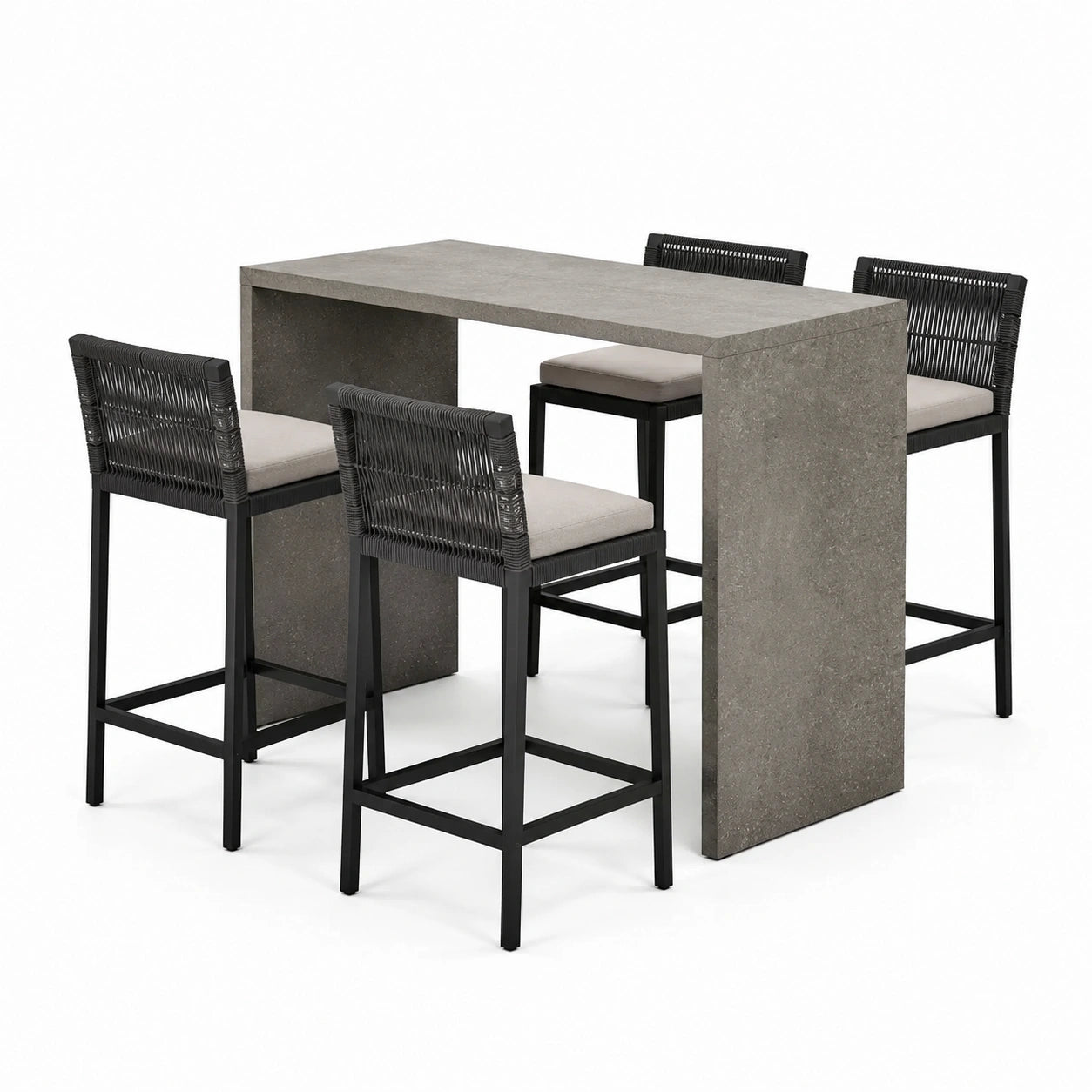 Set da bar da esterno moderno da 5 pezzi con tavolo 140 × 70 × 105 cm e 4 sgabelli 46 × 52 × 102 cm, grigio, nero e beige