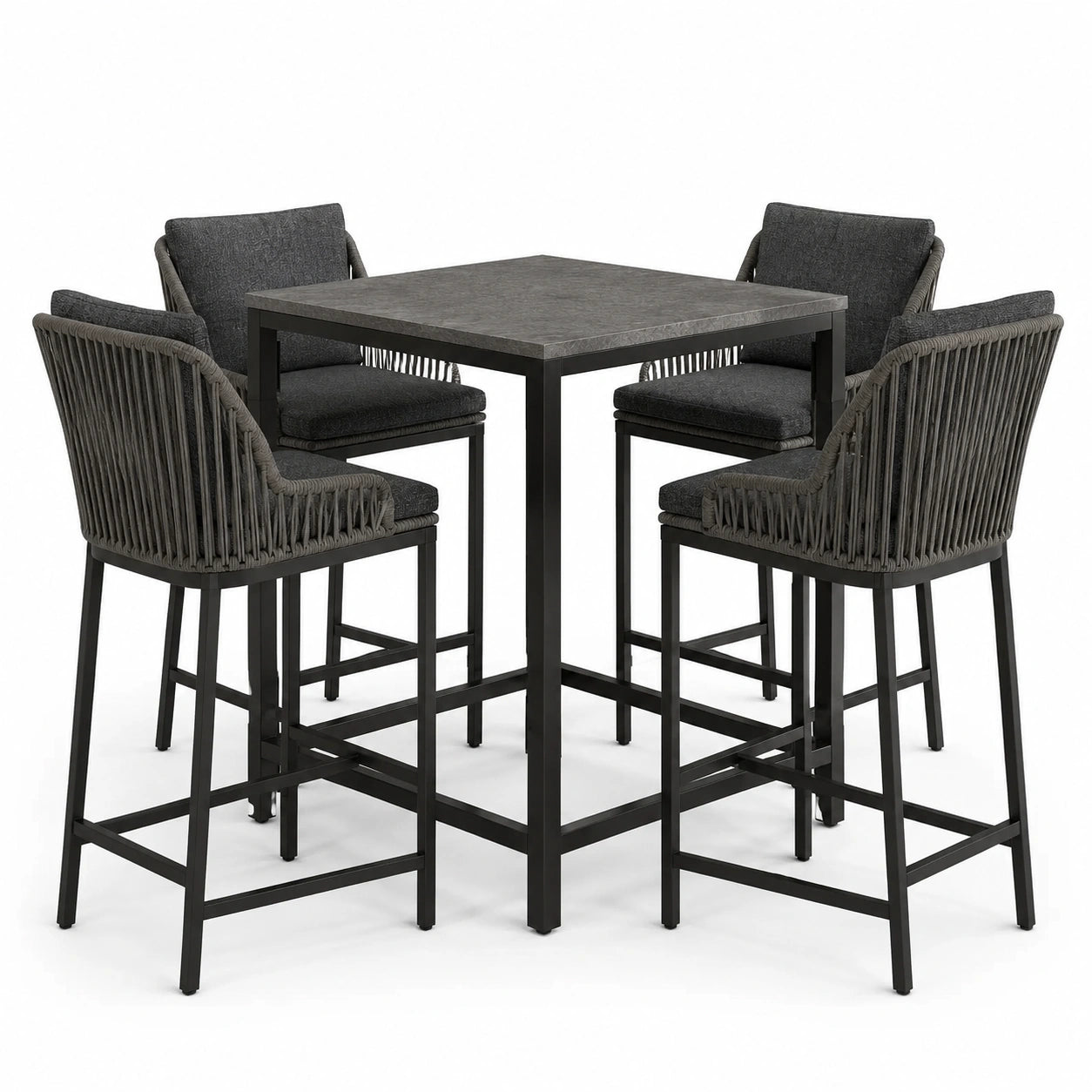 Set da pranzo da esterno 5 pezzi grigio antracite e nero con tavolo alto 100 × 100 × 95 cm e 4 sedie 56 × 60 × 105 cm