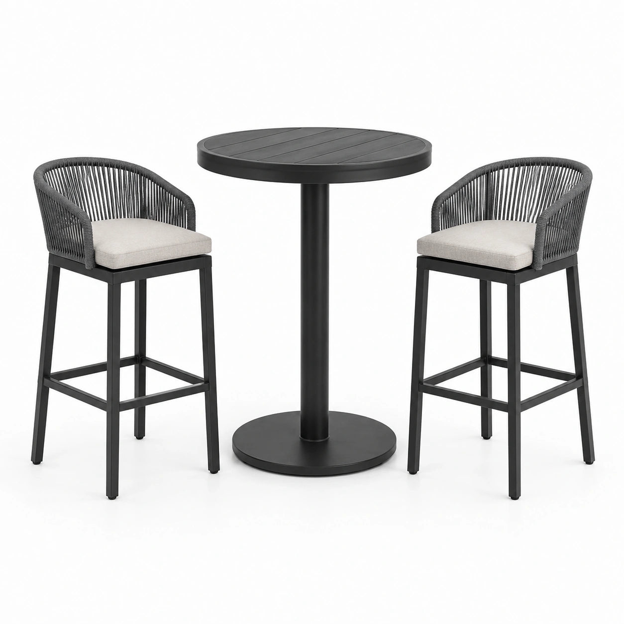 Set da bar da esterno con tavolo rotondo Ø 70 × 100 cm e 2 sgabelli 55 × 56 × 105 cm, nero, grigio e beige