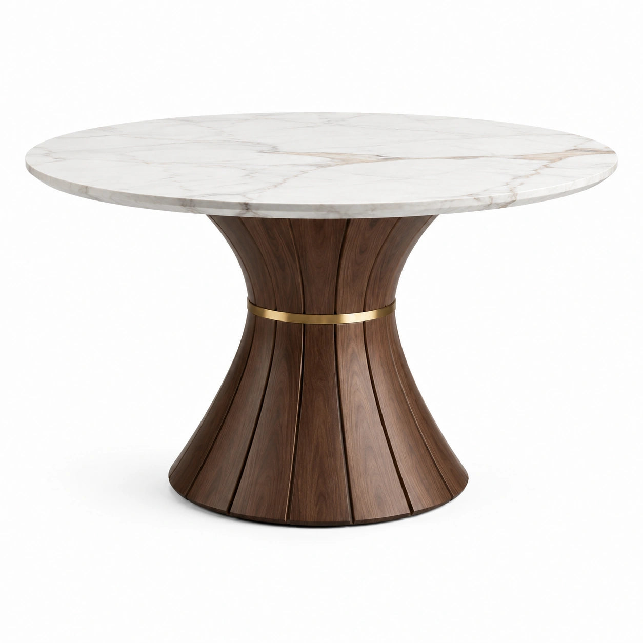 Tavolo rotondo Ø 120 × 76 cm con piano bianco effetto marmo, base marrone e dettagli oro