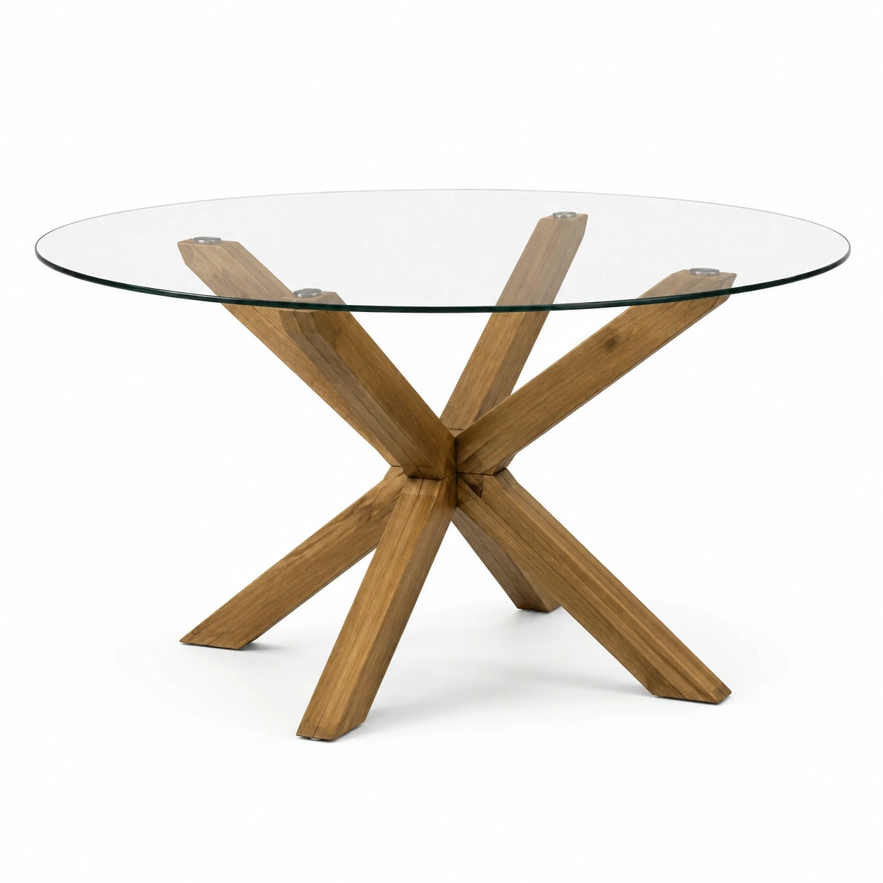 Tavolo rotondo con piano in vetro trasparente e base in legno marrone, Ø 120 × 75 cm, stile contemporaneo