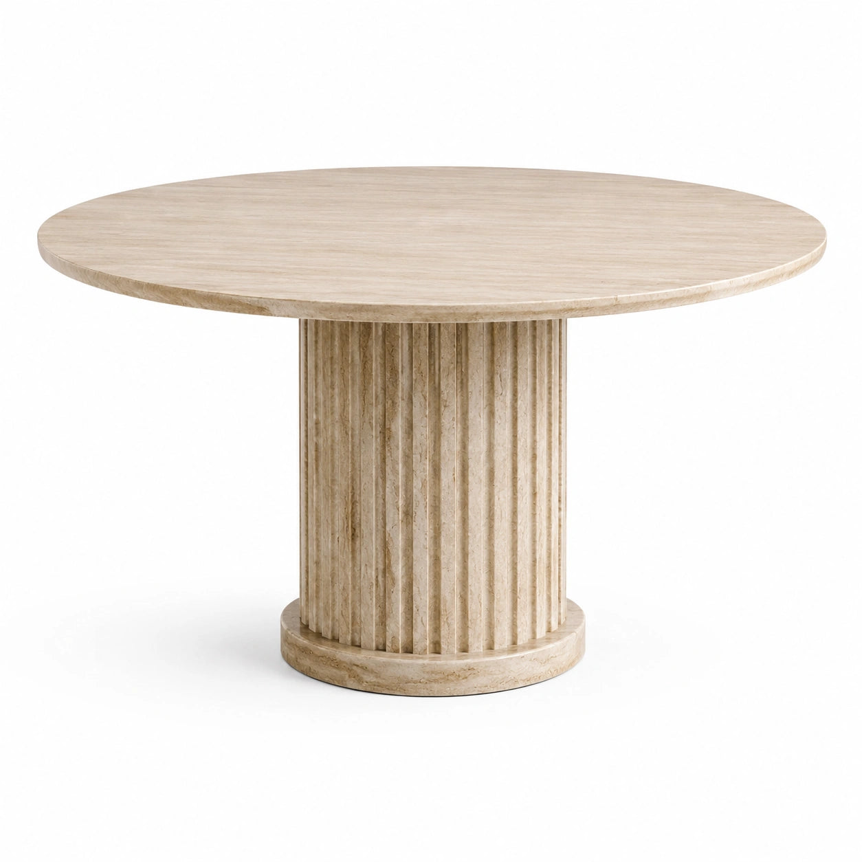 Tavolo rotondo in travertino beige con base centrale scanalata, Ø 120 × H 75 cm