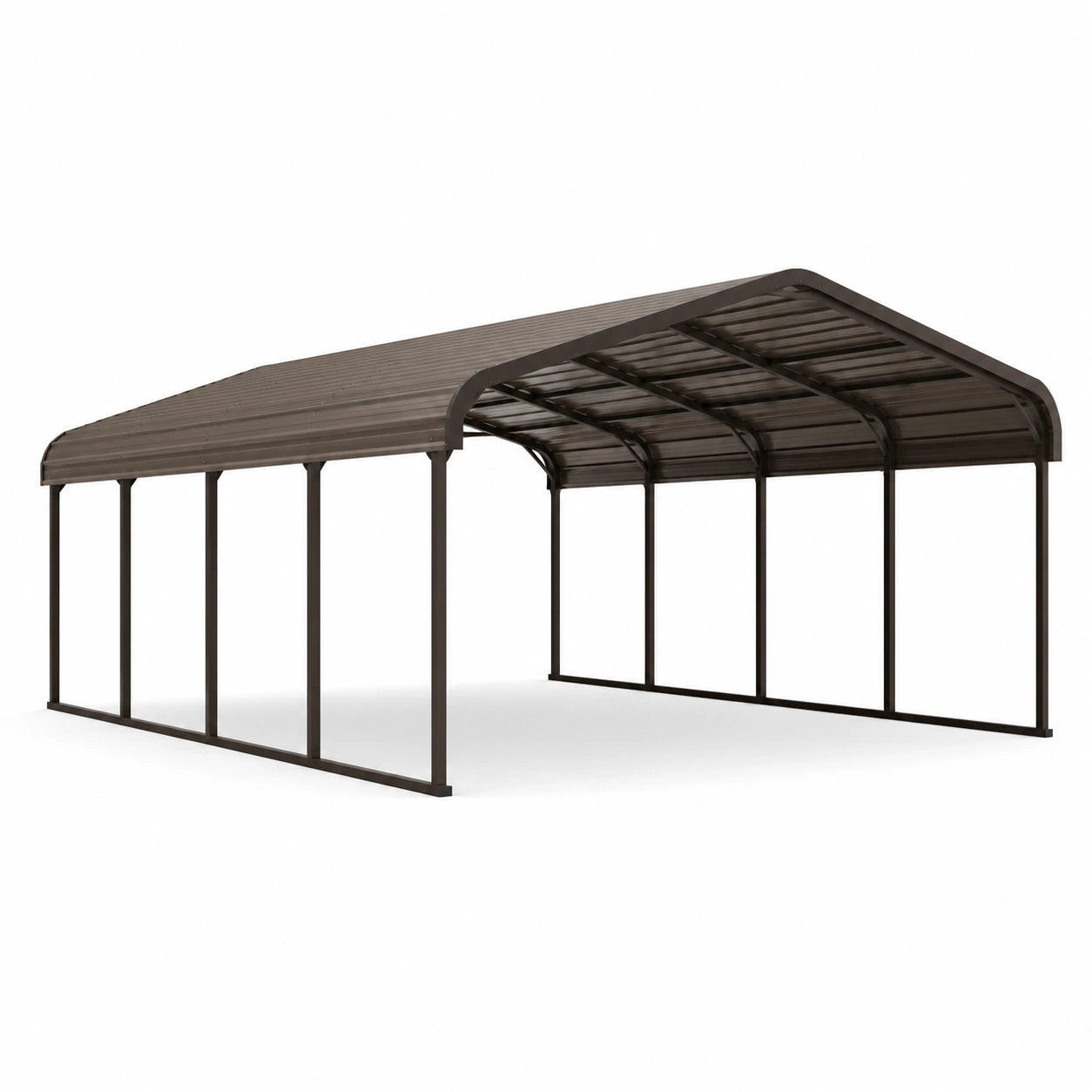 Carport doppio in metallo marrone scuro con copertura curva in policarbonato, 600 × 600 × 290 cm