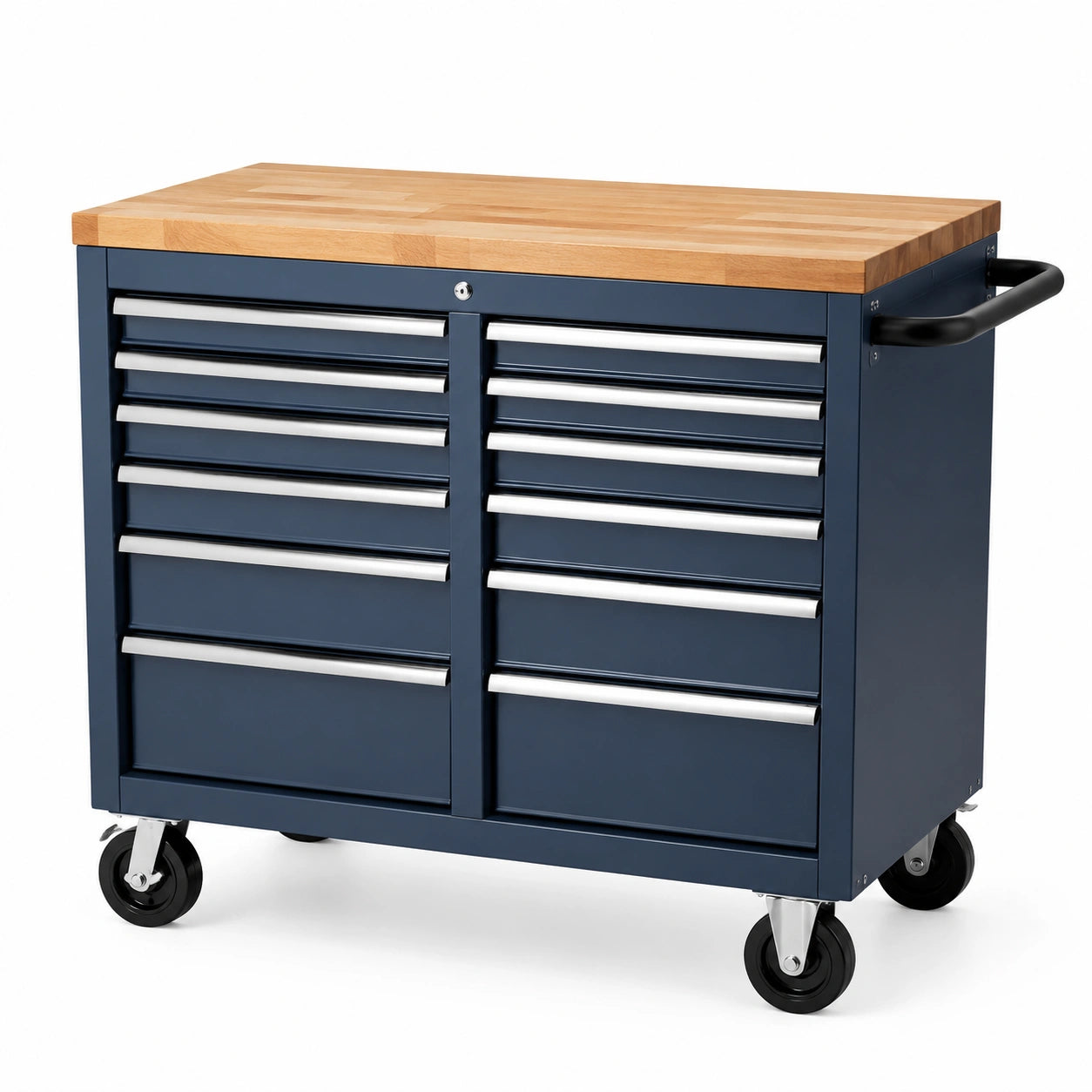 Carrello portautensili blu scuro 112 × 55 × 96 cm con 12 cassetti, piano in legno e ruote