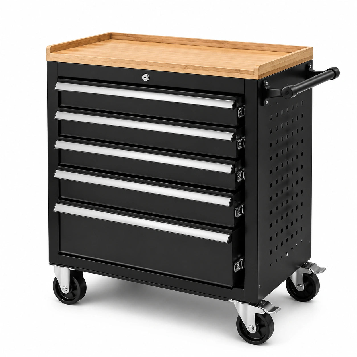 Carrello portautensili nero a 5 cassetti con piano in bambù, 4 ruote e serratura, 76 × 46 × 94 cm
