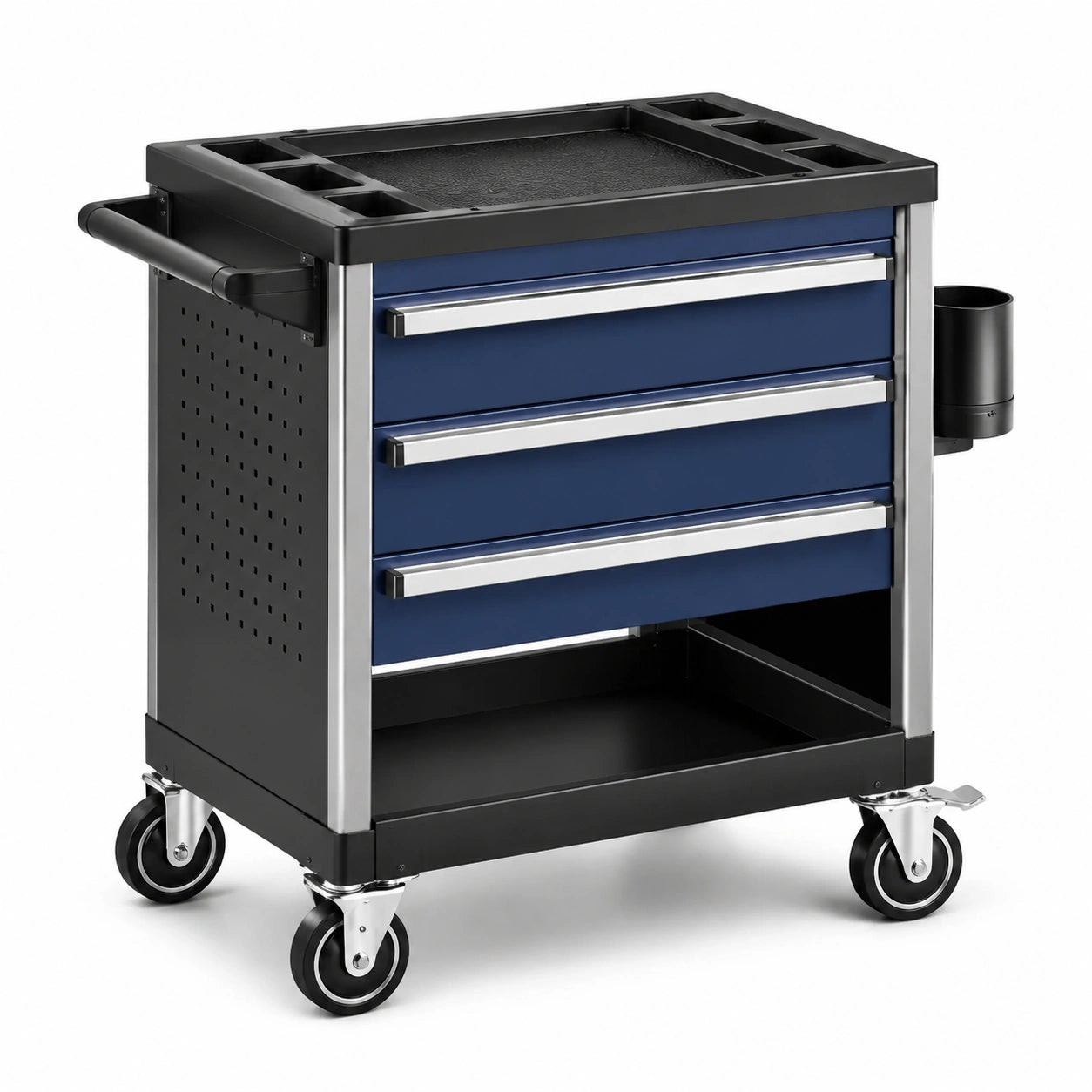 Carrello portautensili in acciaio blu scuro, nero e argento, 77 × 48 × 90 cm, con 3 cassetti e 4 ruote