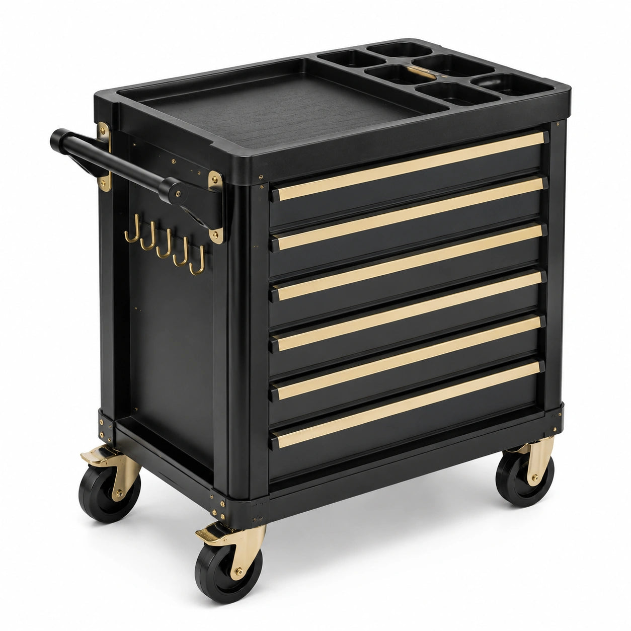 Carrello portautensili nero e oro, 77 × 49 × 97 cm, con 7 cassetti e 4 ruote