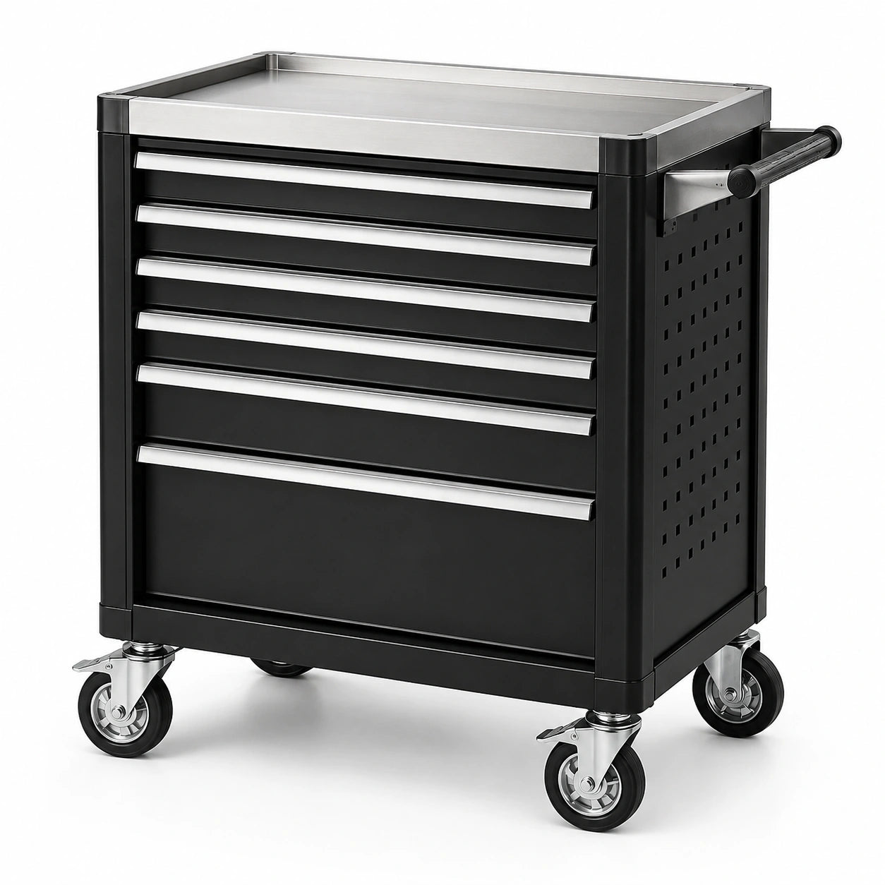 Carrello portautensili in acciaio nero e argento, 78 × 48 × 95 cm, con 7 cassetti e 4 ruote