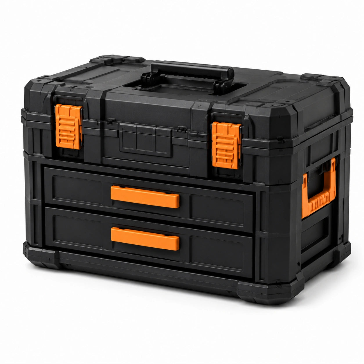 Cassetta portattrezzi in plastica rigida nera e arancione, 55 × 30 × 42 cm, con vano superiore e 2 cassetti