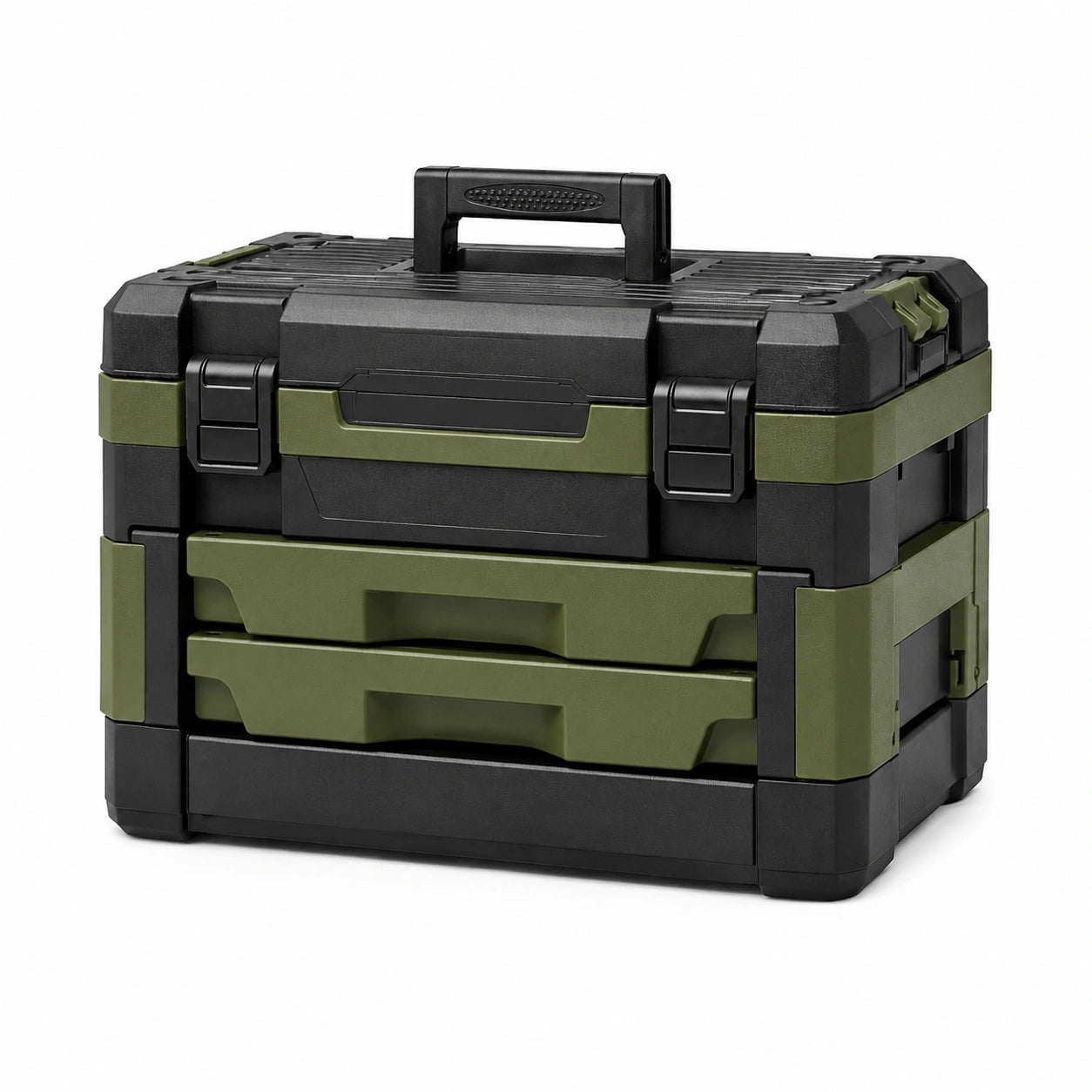 Cassetta portautensili modulare nera e verde oliva, 52 × 34 × 44 cm, con due cassetti