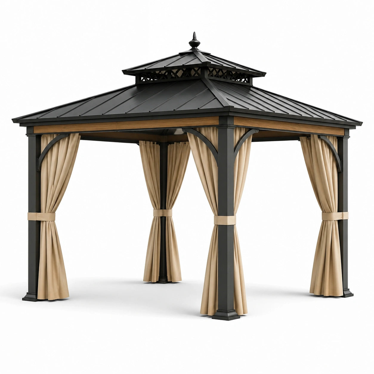 Gazebo da giardino 300 × 300 × 280 cm in metallo nero con tetto rigido e tende beige