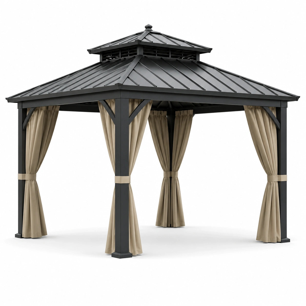 Gazebo da giardino in metallo antracite con tetto rigido a doppio livello e tende beige, 300 × 300 × 290 cm