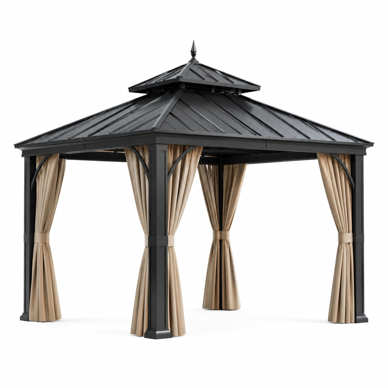 Gazebo da giardino con tetto rigido a doppio livello e tende laterali, 300 × 300 × 290 cm, antracite e beige