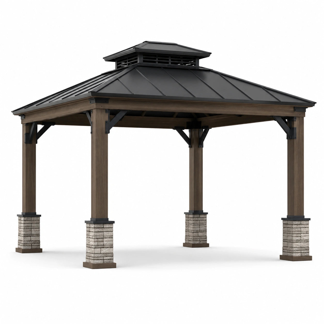 Gazebo da giardino 366 × 305 × 319 cm in legno e metallo marrone, nero e grigio con tetto rigido ventilato