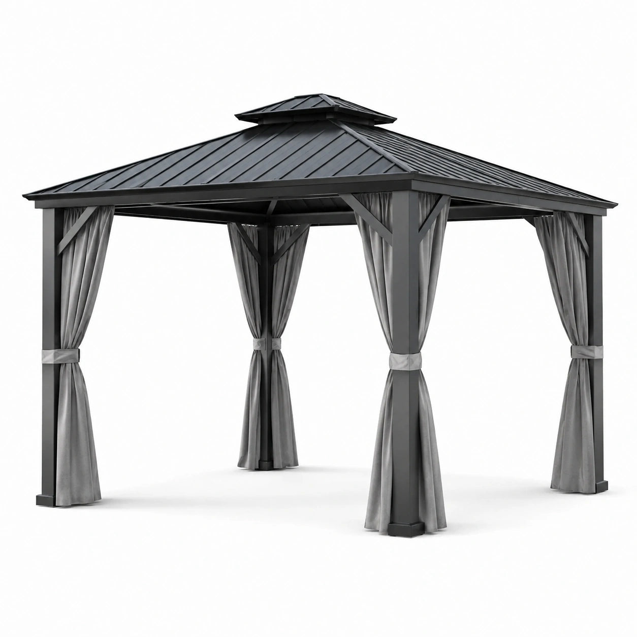 Gazebo da giardino antracite con tetto rigido e tende grigie, 300 × 300 × 280 cm