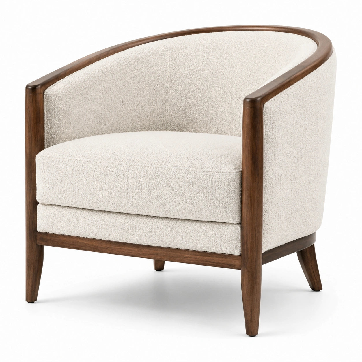 Poltrona moderna in bouclé avorio e legno marrone, 76 × 78 × 76 cm
