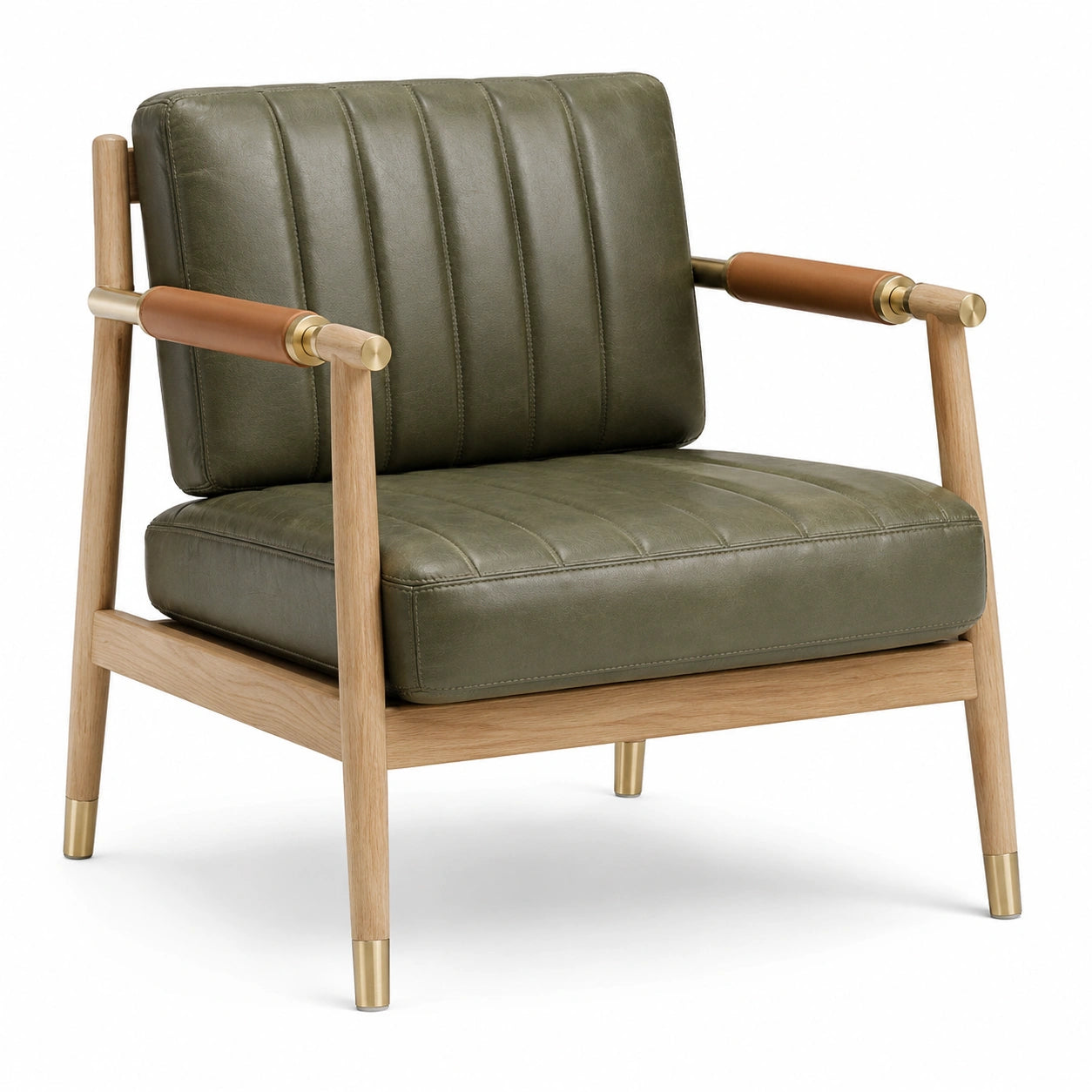 Poltrona moderna in legno e similpelle verde oliva, 75 × 78 × 82 cm