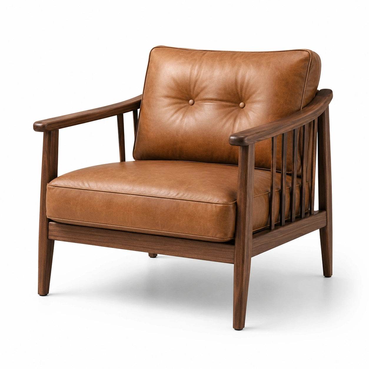 Poltrona retrò con braccioli, struttura in legno marrone scuro e rivestimento cognac effetto pelle, 78 × 82 × 82 cm
