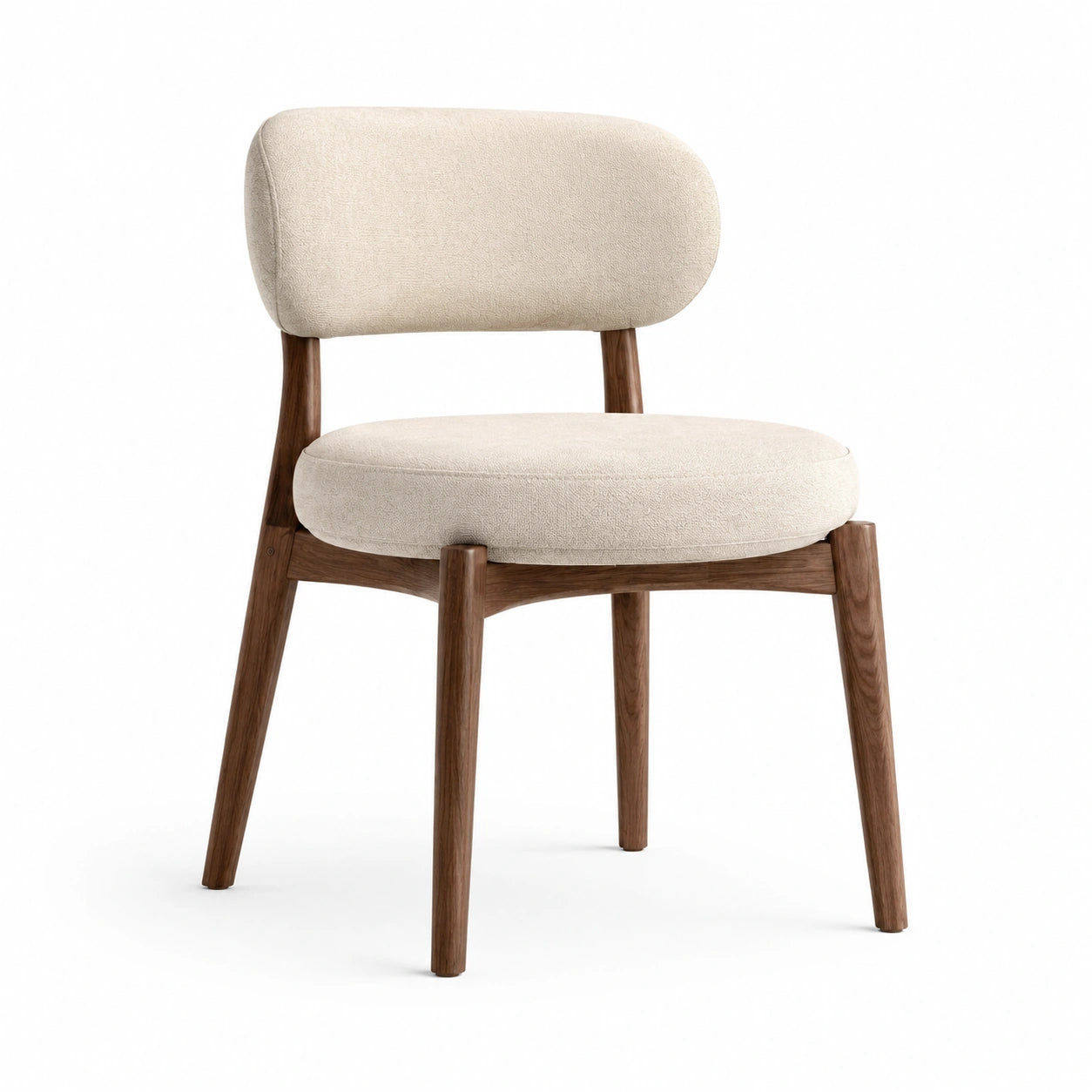 Sedia moderna imbottita in tessuto crema con struttura in legno marrone, 55 × 58 × 80 cm