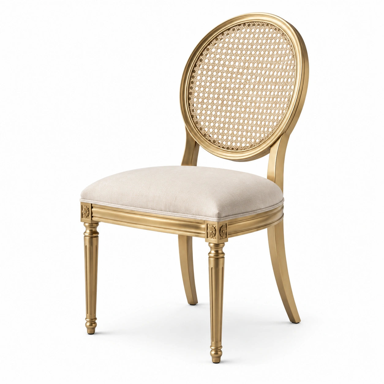 Sedia classica in legno dorato con seduta beige e schienale intrecciato, 50 × 55 × 98 cm