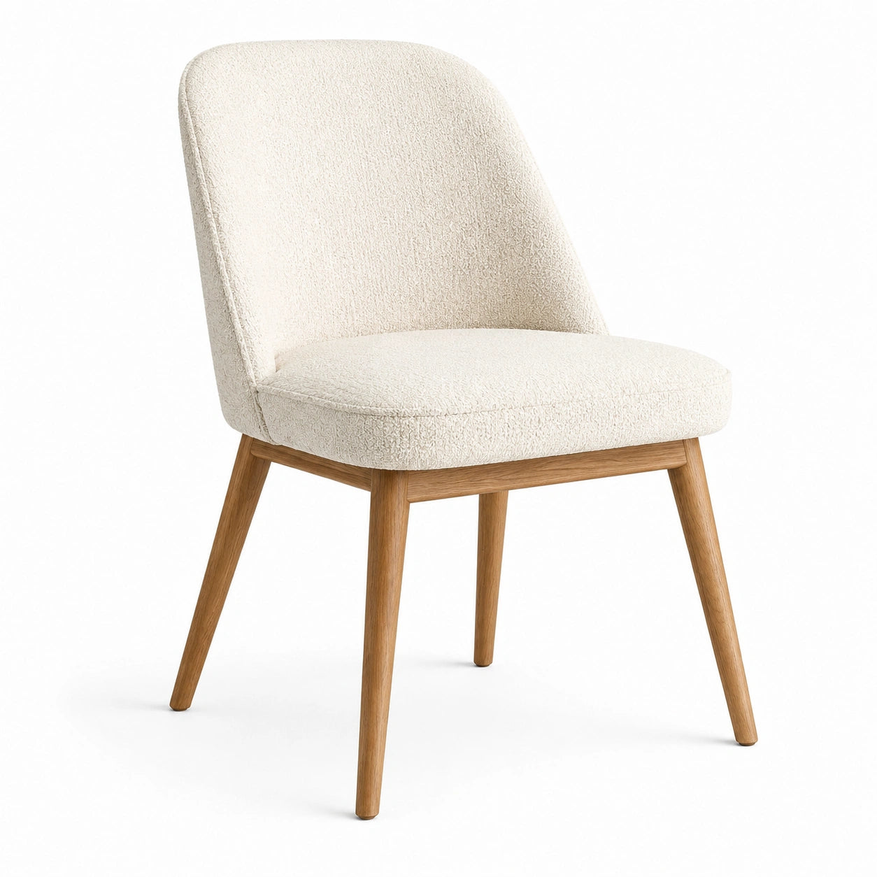 Sedia imbottita moderna in bouclé avorio con gambe in legno naturale, 55 × 60 × 82 cm