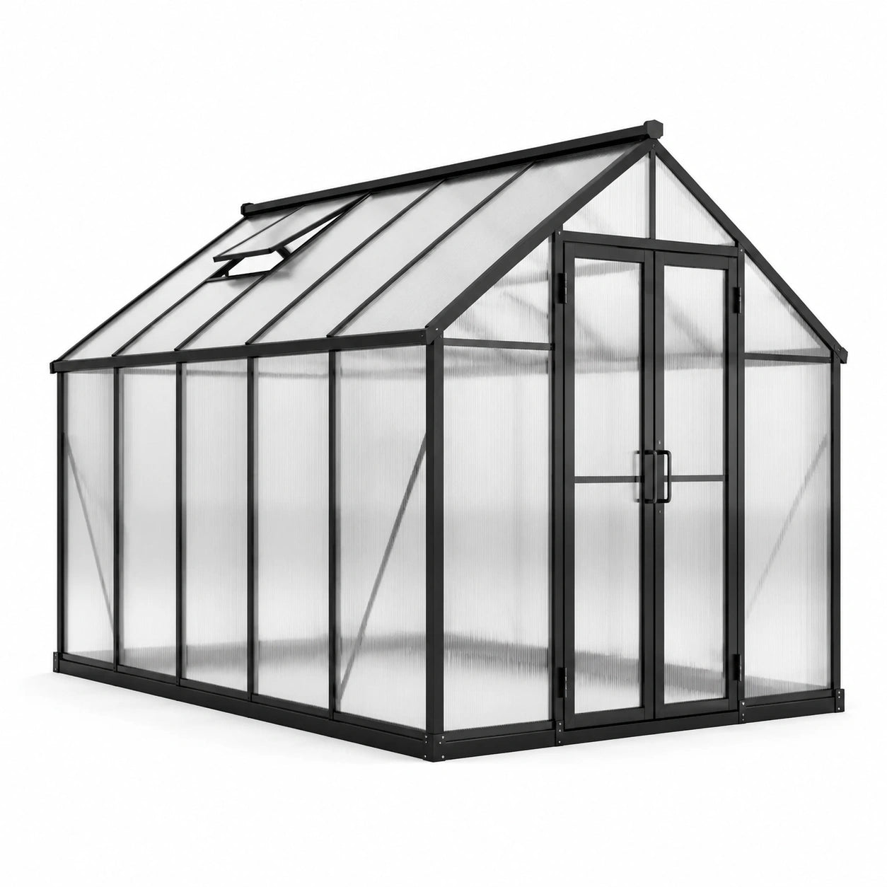 Serra da giardino 250 × 190 × 195 cm in alluminio nero e policarbonato trasparente con doppia porta e finestra apribile