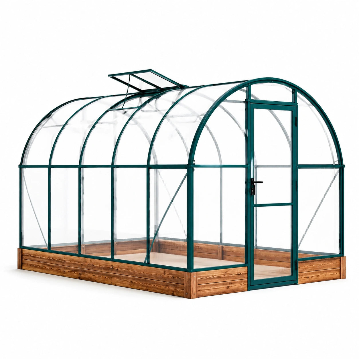 Serra da giardino 300 × 200 × 220 cm con telaio verde, pannelli trasparenti, base in legno, porta e lucernario