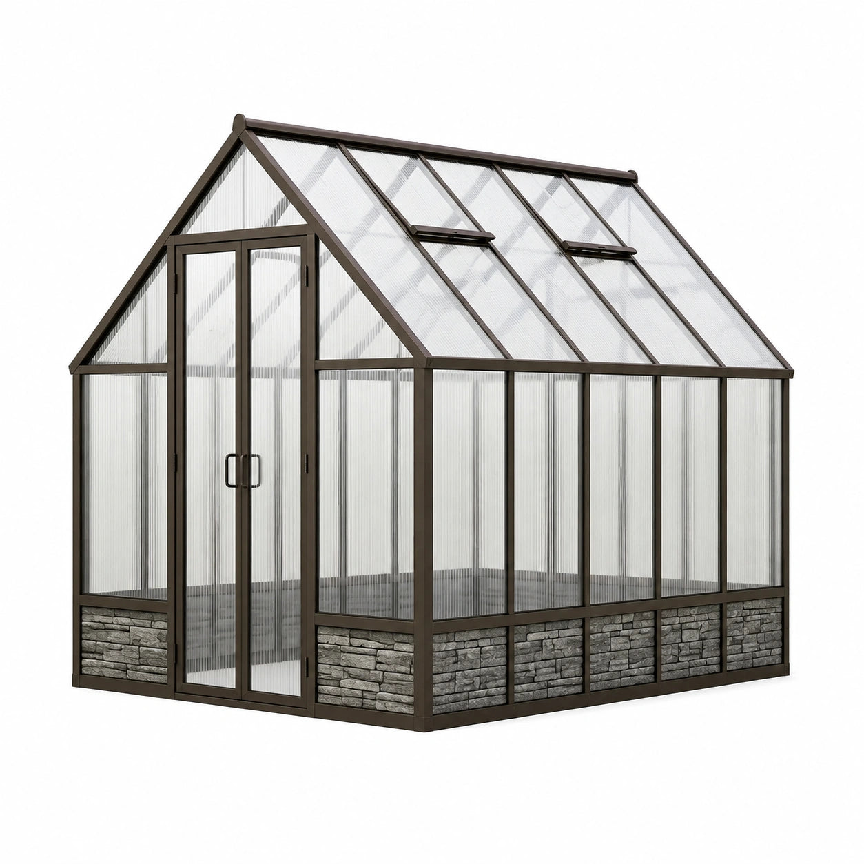 Serra da giardino 190 × 250 × 195 cm in alluminio marrone e policarbonato traslucido con doppia porta e 2 finestre