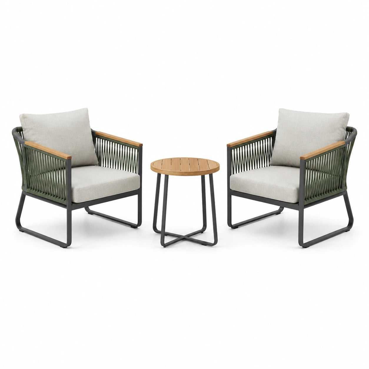 Set da giardino 3 pezzi con 2 poltrone 74 × 76 × 78 cm e tavolino Ø 50 × 50 cm, antracite, verde oliva, grigio chiaro e marrone naturale