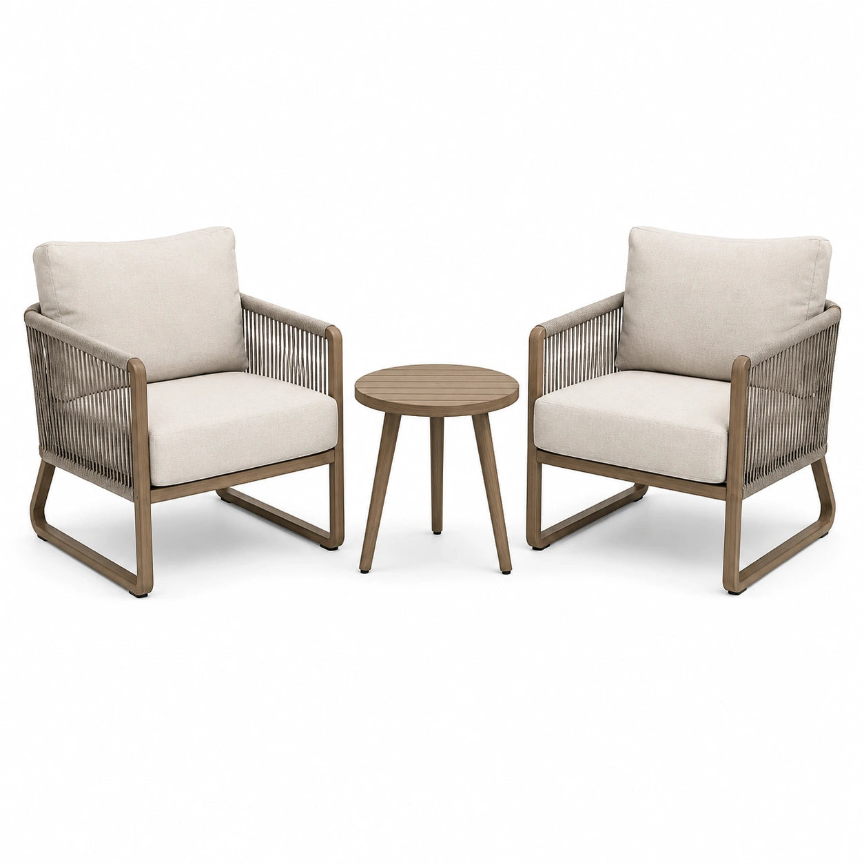 Set 3 pezzi con 2 poltrone 70 × 75 × 82 cm e tavolino rotondo 50 × 48 cm, beige, marrone e tortora