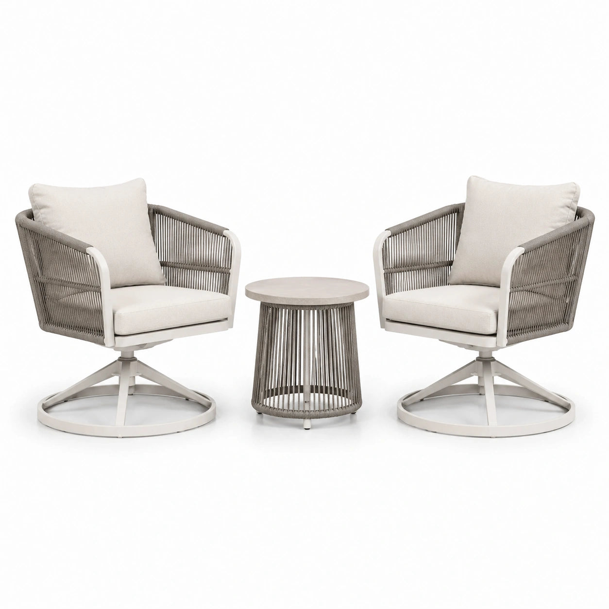 Set da giardino 3 pezzi tortora, beige e bianco con 2 poltrone girevoli 77 × 76 × 84 cm e tavolino Ø 50 × 48 cm