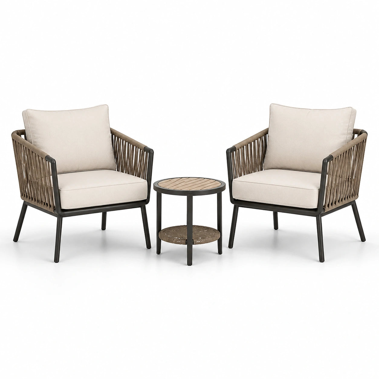 Set da esterno 3 pezzi con 2 poltrone 74 x 75 x 82 cm e tavolino rotondo Ø 50 x 50 cm, beige, marrone e nero
