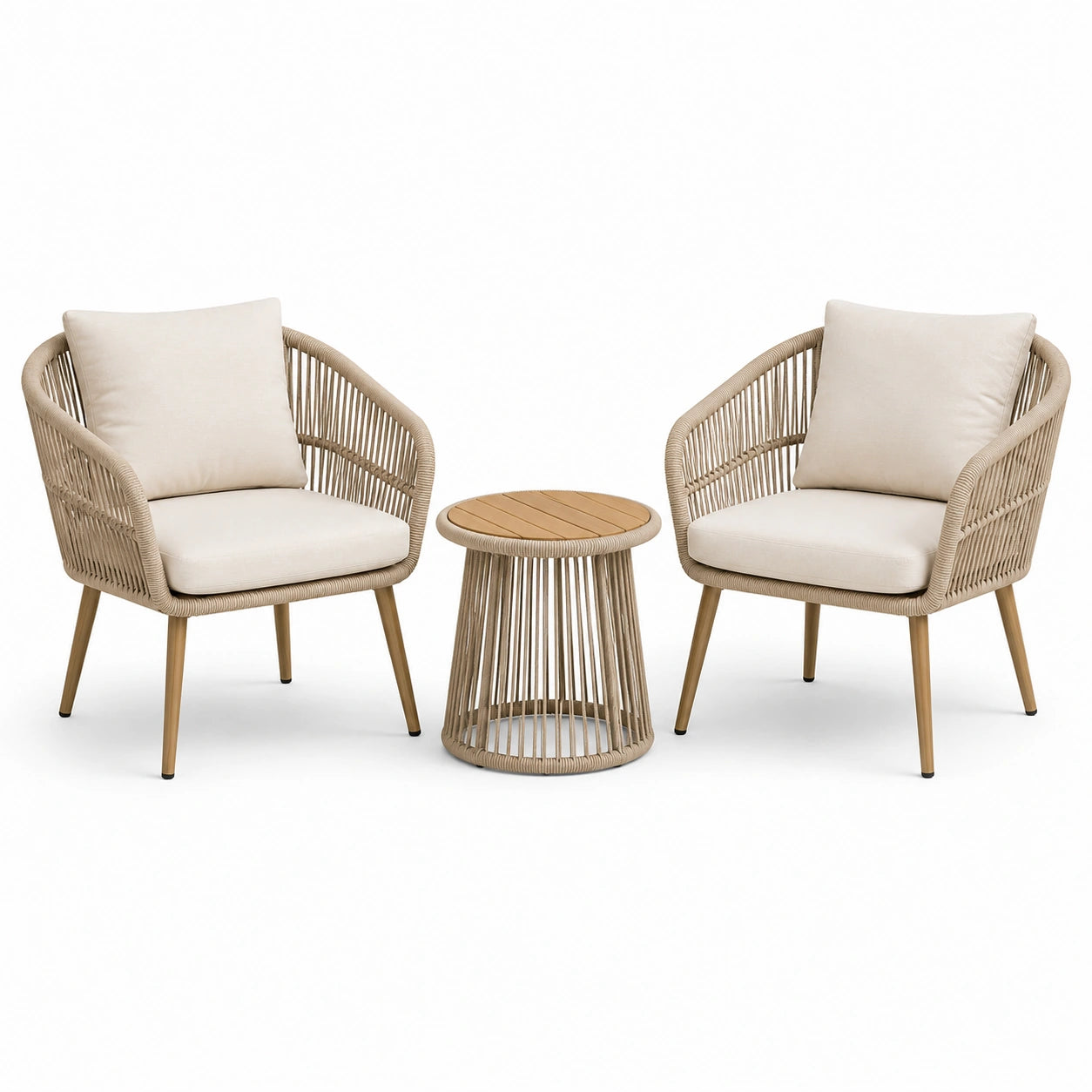 Set da giardino beige, crema e marrone chiaro con 2 poltrone 70 × 72 × 82 cm e tavolino Ø 50 × 48 cm